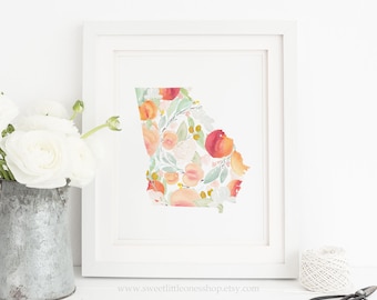 8x10, 5x7 Georgia Peach Print Georgia Print State Print Watercolor Georgia Print Home Sweet Home Peach Georgia Print Georgia Peach Decor