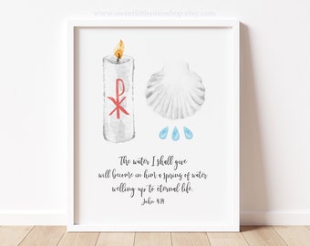 Catholic Baptism Printable Wall Art Paschal Candle Shell Holy Water Print Baptism Gift John 4:14 Living Water Print Baptism Bible Verse Art