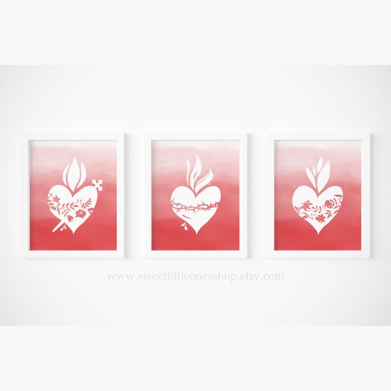 Set of 3 Sacred Heart of Jesus Immaculate Heart of Mary Chaste Heart of St Joseph Printable Wall Art Catholic Home Decor Catholic Printables