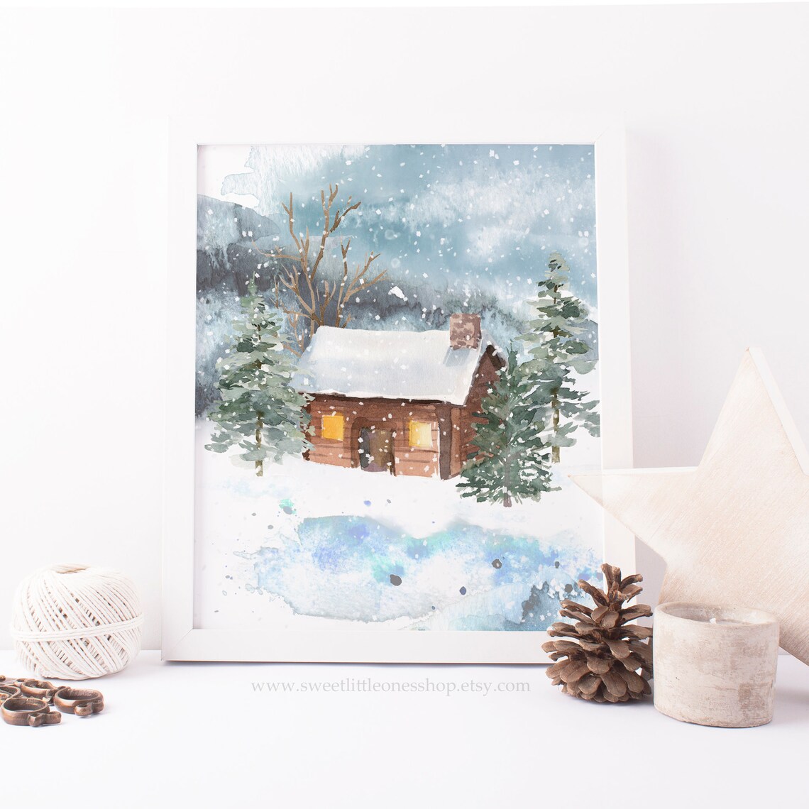 Cabin the the Snow Printable Wall Art Snowy Cabin Print Etsy