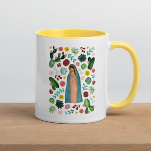 Our Lady of Guadalupe Ceramic Mug with Yellow Handle Rim Inside Our Lady of Guadalupe Coffee Mug Catholic Mug Catholic Mom Gift Guadalupe
