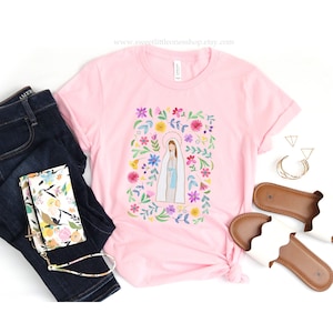 Our Lady of Lourdes Floral Catholic Womens T-Shirt Our Lady Lourdes Tee Confirmation Gift Our Lady of Lourdes Catholic Tshirt Lourdes Tee