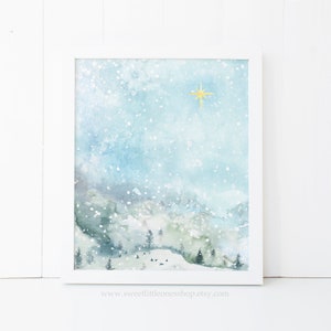 Snowy Christmas Night Printable Wall Art Christmas Print Christmas Star Print Christmas Decor Snowy Mountain Landscape Christmas Snow Print
