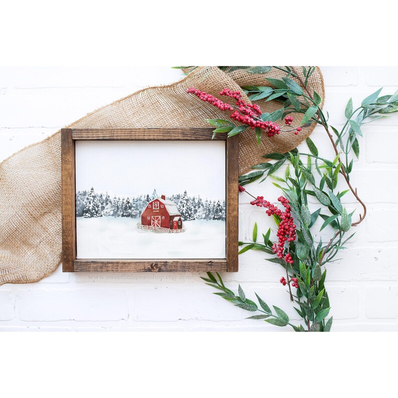 Red Barn in the Snow Printable Wall Art, Christmas Farmhouse Decor ...
