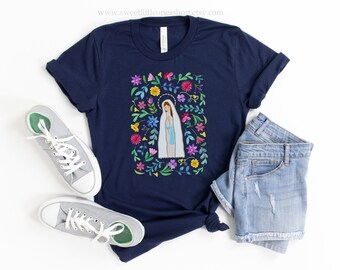 Our Lady of Lourdes Floral Catholic Womens T-Shirt Our Lady Lourdes Tee Confirmation Gift Our Lady of Lourdes Catholic Lourdes Tee Tshirt