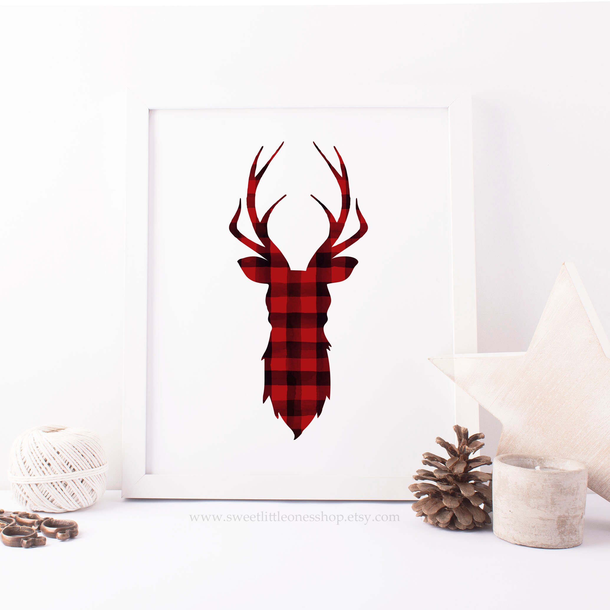 Watercolor Red Buffalo Plaid Deer Printable Wall Art Buffalo Etsy