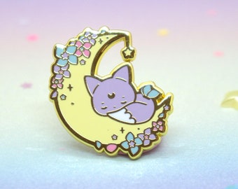 Fuwa Fox Sleeping On Moon Enamel Pin | Dreamland Cuties Kawaii Pastel Hard Enamel Pins | Sleeping Fox Pins For Backpacks | Pin Collectors