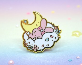 Momo Bunny Sleeping Enamel Pin | Dreamland Cuties Kawaii Pastel Hard Enamel Pins | Sleeping Rabbit Pin | Sweet Sleeping Pink Bunny On Cloud