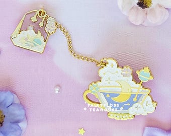 Witches Moon Tea Brew Enamel Pin | Cosmic Witch Lab Witches Tea Hard Enamel Pins | 2 Part Chain Enamel Pin | Teabag Chained Enamel Pin