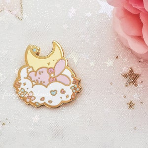 Momo Bunny Sleeping Enamel Pin | Dreamland Cuties Kawaii Pastel Hard Enamel Pins | Sleeping Rabbit Pin | Sweet Sleeping Pink Bunny On Cloud