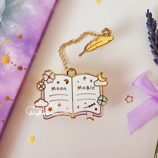 Moon Magic Spell Book Enamel Pin | Cosmic Witch Lab Hard Enamel Pins | 2 Part Chain Enamel Pin | Chained Enamel Pin | Pastel Witchy Pins