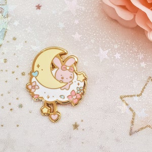 Momo Bunny Reaching For Star Enamel Pin | Dreamland Cuties Pastel Hard Enamel Pins | Reach For The Stars Cute Rabbit Pin | Chibi Bunny Pin