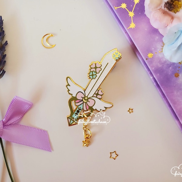 Magical Girl Winged Sword Enamel Pin | Cosmic Witch Lab Magic Sword Hard Enamel Pins | Dangly Star Charm Enamel Pin | Clover Floral Sword