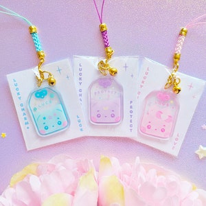 Pastel Omamori Acrylic Charms With Mini Bell | Pink Love Omamori | Purple Protection Omamori | Blue Lucky Omamori | Japanese Lucky Charms