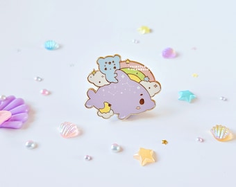Pico & Dolphin Oceanic Dreams Enamel Pin | Kawaii Sea Animal lapel Pins | Cute Bear Riding Purple Dolphin Dreamy Galaxy Theme Enamel Pin UK