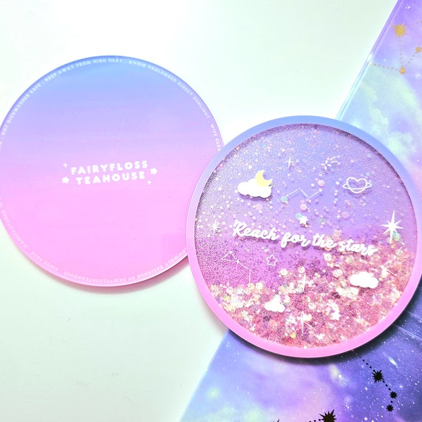 Acrylic Glittery Shaker Coaster | Acrylic Dreamy Gradient Celestial Coaster | Purple Pink Coaster | Reach For The Stars Cute Pretty Coaster