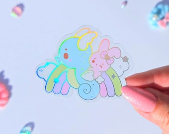 Momo & Ocean Friends Holographic Rainbow Iridescent Silver Die Cut Glossy Sticker | Turtle Seahorse Narwhal Oceanic Dreams Pastel Collection