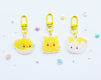 Kawaii Yellow Themed Sea Bunny Pufferfish Flapjack Octopus Oceanic Dreams Acrylic Keyring | 2 Part Keyring With Pretty Gradient Seashell UK