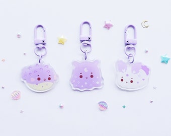 Pretty Lilac Themed Sea Bunny Pufferfish Flapjack Octopus Oceanic Dreams Acrylic Keyring | 2 Part Keyring With Pretty Gradient Seashell UK