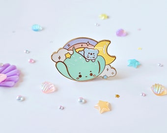 Pico & Stingray Oceanic Dreams Hard Enamel Pin | Galactic Sea Animal lapel Pin | Cute Mint Green Stingray With Sleepy Bear Enamel Pin UK