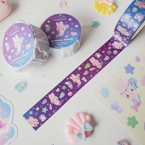 Ruban adhésif en Washi sur le thème de Momo, le Merbunny Under The Sea | Lapin sirène | Thème poisson, coquillages et coquillages en Washi | Washi holographique dégradé