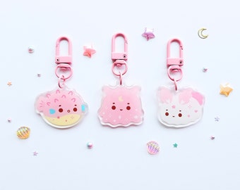 Cute Pastel Pink Themed Sea Bunny Pufferfish Flapjack Octopus Oceanic Dreams Acrylic Keyring | 2 Part Keyring With Pretty Gradient Seashell