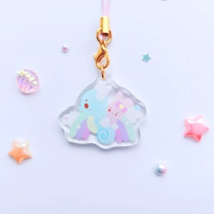 Momo & Seahorse Oceanic Dreams Mini Acrylic Charm | Kawaii Sea Animal String Charm | Enchanting Bunny Riding Seahorse Phone String Charm UK