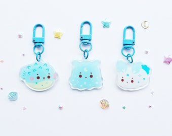 Cute Pastel Blue Themed Sea Bunny Pufferfish Flapjack Octopus Oceanic Dreams Acrylic Keyring | 2 Part Keyring With Pretty Gradient Seashell