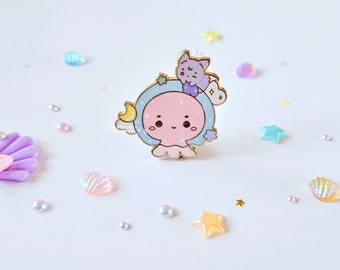 Fuwa & Jellyfish Oceanic Dreams Enamel Pin | Dreamy Celestial Sea Animal Enamel Pin | Magical Sea Creatures Fox Fuwa Jellyfish Lapel Pin UK