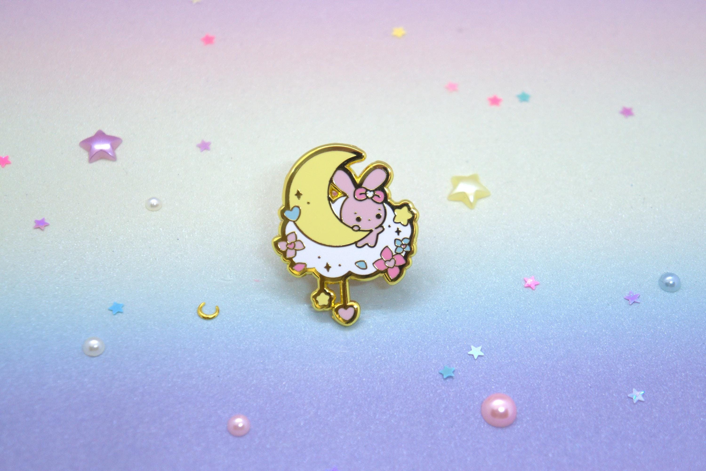 Momo Bunny Reaching For Star Enamel Pin | Dreamland Cuties Pastel Hard Enamel Pins | Reach For The Stars Cute Rabbit Pin | Chibi Bunny Pin