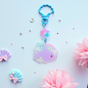 Pico & Dolphin Oceanic Dreams Acrylic Keyring | Kawaii Sea Animal Keyring | Glittery 2 Part Gradient Star Purple Celestial Dolphin Key Chain