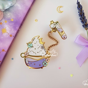 Celestial Witch Cauldron Enamel Pin | Cosmic Witch Lab Cloud Cauldron Hard Enamel Pins | 2 Part Chain Enamel Pin | Test Tube Chained Pin