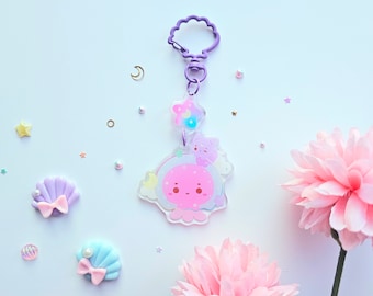 Fuwa & Jellyfish Oceanic Dreams Acrylic Keyring | Galactic Sea Animal Keyring | Glittery 2 Part Pink Jellyfish Little Fox Key Chain For Bags