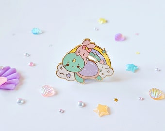 Momo & Turtle Oceanic Dreams Hard Enamel Pin | Dreamy Celestial Aquatic Animal lapel Pin | Cute Turtle Kawaii Bunny Rainbow Sky Lapel Pin UK