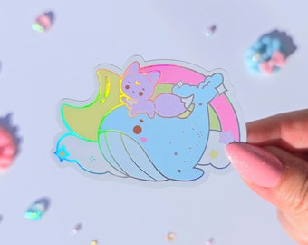 Fuwa & Ocean Friends Holographic Rainbow Iridescent Silver Die Cut Glossy Stickers | Blue Whale Jelly Fish Sunfish Oceanic Dreams Collection