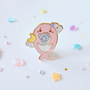 Pico & Whale Shark Oceanic Dreams Enamel Pin | Kawaii Sea Animal lapel Pins | Cute Pink Celestial Whale Shark Holding Baby Bear Enamel Pin