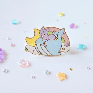 Fuwa & Blue Whale Oceanic Dreams Enamel Pin | Dreamy Celestial Sea Animal Enamel Pin | Magical Sea Creatures Lilac Fox Fuwa Whale Lapel Pin