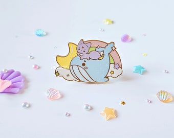 Fuwa & Blue Whale Oceanic Dreams Enamel Pin | Dreamy Celestial Sea Animal Enamel Pin | Magical Sea Creatures Lilac Fox Fuwa Whale Lapel Pin