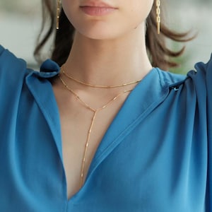 Layered Y Necklace, Minimalist Gold Plated Brass Necklace, Delicate Lariat Chain, Double Layer Necklace, Dainty Jewelry Gift for Her