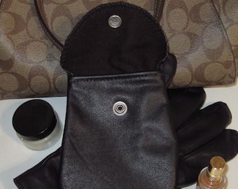 Smooth Black Leather Pouch with Brown Wool Interior, Quality Handmade Leather Organizer
