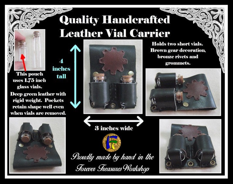 ApothecaryHealer Pouch 2 Vials Brown Leather Gear Handmade Deep Green Leather Bottle Carrier Bronze Rovets /& Grommets