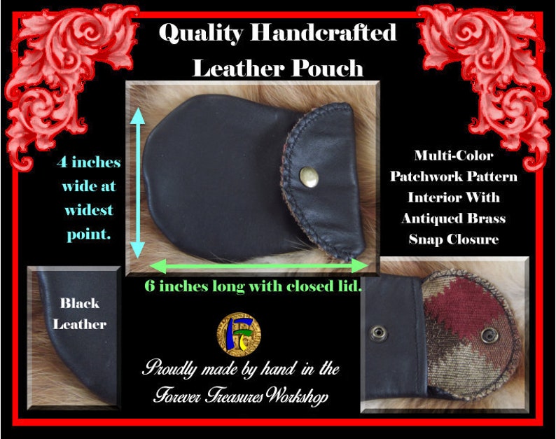 Handmade Black Leather Pouch With Multi-Color Patchwork Patterned Interior and Antiqued Brass Snap