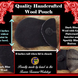Very Dark Blue Woolen Pouch with Gray Interior and Sparkly Black Button, Quality Handmade Wool Organizer