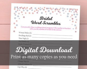 Bridal Word Scrambles Bridal Shower Game - Anagram Watercolor Confetti Hen Party Game, Hen Night games, Instant Download, hen party games