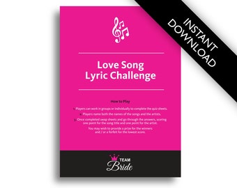 Love Song Lyric Challenge Hen Party Game - Fun Hen Night games, Instant Download, Hen Party Games, Guess the song Bachelorette Party Game