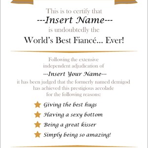 Editable Best Fiance Certificate Instant Download - Fiance Gift ...