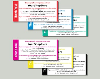 May include: Pink, blue, and red thank you cards with the text "Thank You!" and "Thank you for your purchase from Your Shop Here". The cards provide instructions for leaving a 5-star review on Etsy.com and contacting the shop owner if the customer is not satisfied.