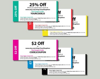 Editable Coupon Template - Print Your Own Etsy Coupons - 6 colours, Etsy Coupon Template, Editable Etsy Coupons, Etsy Voucher Template