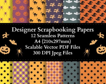 12 Halloween Paper Pack Halloween Scrapbooking Paper Witch Hat Pumpkin Cat Halloween Digital Paper Seamless Patterns Instant Download
