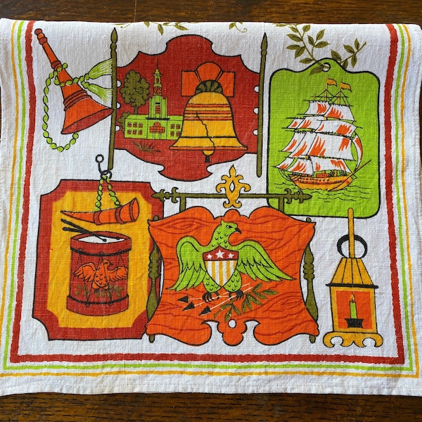Vibrant vintage 1960s linen kitchen towel / dish towel / tea towel -- orange/green/red patriot theme!